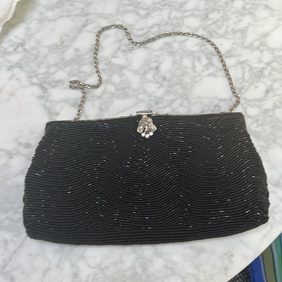 Aqua Black Beaded Evening Bag with Silver Hardware. - Picture 6 of 6